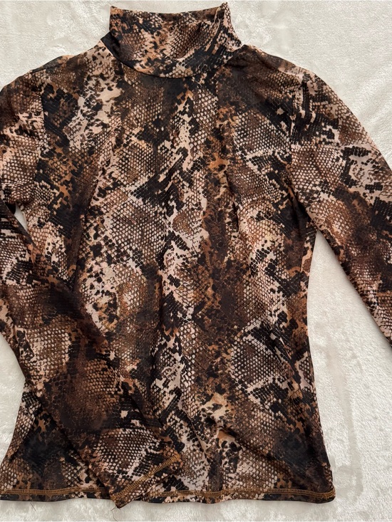 Zara Tops - Snake-Print Turtleneck Sheer Top in Brown